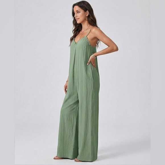 Boho Ruffle Trim Loose Fitting Wide Leg Jumpsuit Green - Picture 3 of 6